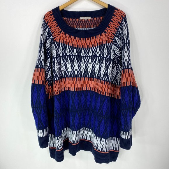 Woman Within 4X 34/36 Sweater Pullover Scoop Neck Navy Blue Coral Cotton Acrylic - Picture 2 of 7